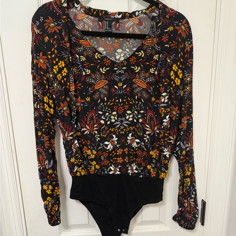 Forever 21 Floral Long Sleeve Bodysuit - Medium